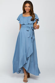 Blue Off Shoulder Ruffled Wrap Maternity Maxi Dress