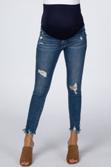 Navy Distressed Fringe Hem Maternity Skinny Jeans