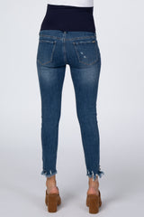 Navy Distressed Fringe Hem Maternity Skinny Jeans