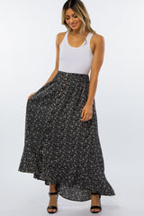 Black Floral Button Accent Maxi Skirt