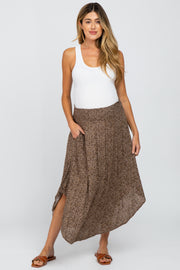 Mocha Floral Curved Hem Maternity Midi Skirt