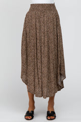 Mocha Floral Curved Hem Midi Skirt