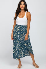 Teal Floral Smocked Maternity Midi Skirt