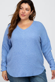 Blue Waffle Knit Long Sleeve Plus Top