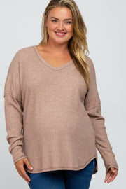 Taupe Waffle Knit Long Sleeve Maternity Plus Top