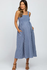 Blue Striped Smoked Maternity Midi Dress