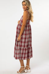 Burgundy Plaid Tiered Maternity Midi Dress