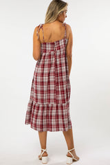 Burgundy Plaid Tiered Maternity Midi Dress