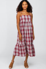 Burgundy Plaid Tiered Midi Dress