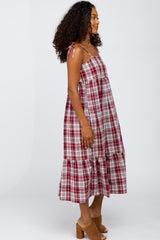 Burgundy Plaid Tiered Midi Dress