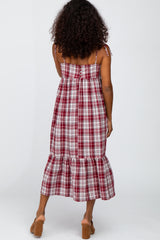 Burgundy Plaid Tiered Midi Dress