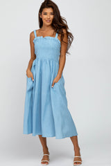 Light Blue Sleeveless Smocked Caged Back Midi Dress