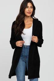 Black Open Knit Hooded Cardigan