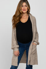 Mocha Open Knit Hooded Maternity Cardigan