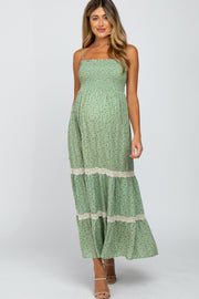 Green Floral Smocked Crochet Accent Maternity Maxi Dress