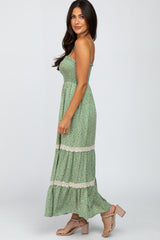 Green Floral Smocked Crochet Accent Maxi Dress