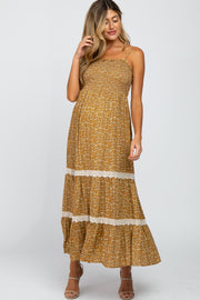 Dark Mustard Floral Smocked Crochet Accent Maternity Maxi Dress