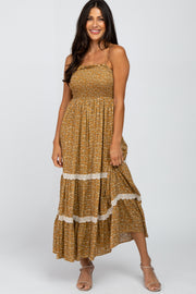 Dark Mustard Floral Smocked Crochet Accent Maxi Dress