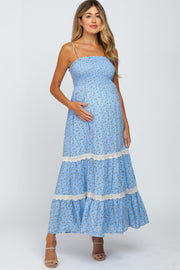 Light Blue Floral Smocked Crochet Accent Maternity Maxi Dress