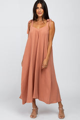 Dark Peach Bow Strap Midi Dress