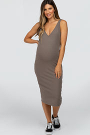 Taupe Sleeveless Ribbed Knit Fitted Maternity Dress