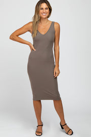 Taupe Sleeveless Ribbed Knit Fitted Dress