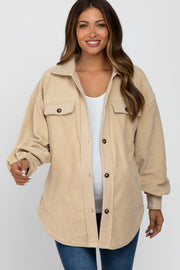 Beige Fleece Button Down Oversized Maternity Jacket