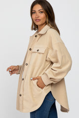 Beige Fleece Button Down Oversized Maternity Jacket