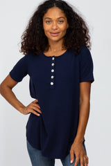 Navy Button Down Short Sleeve Top