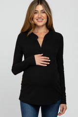 Black Ribbed Split Collar Maternity Top