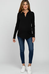 Black Ribbed Split Collar Maternity Top