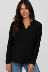 Black Ribbed Split Collar Maternity Top