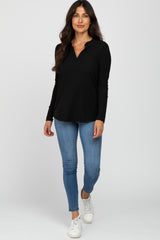 Black Ribbed Split Collar Top