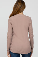 Beige Ribbed Split Collar Maternity Top