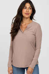 Beige Ribbed Split Collar Top