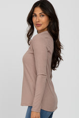 Beige Ribbed Split Collar Top