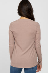 Beige Ribbed Split Collar Top