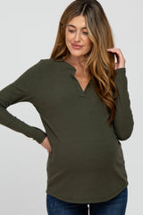 Olive Ribbed Split Collar Maternity Top