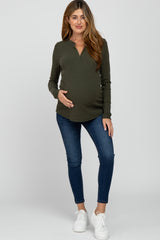 Olive Ribbed Split Collar Maternity Top