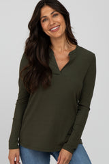 Olive Ribbed Split Collar Top