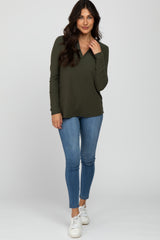 Olive Ribbed Split Collar Top