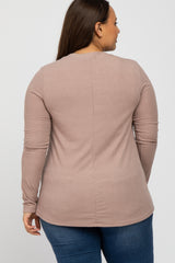 Beige Ribbed Split Collar Plus Top