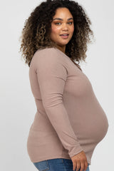 Beige Ribbed Split Collar Maternity Plus Top