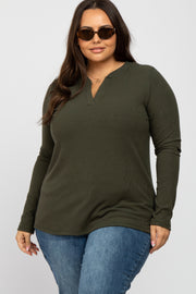 Olive Ribbed Split Collar Plus Top