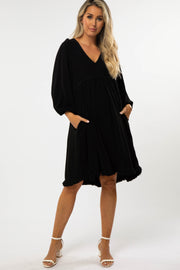 Black Linen Raw Edge Hi-Low Hem Maternity Dress