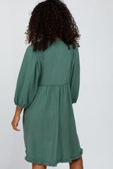 Green Linen Raw Edge Hi-Low Hem Dress