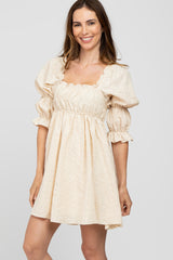 Beige Floral Eyelet 3/4 Puff Sleeve Dress