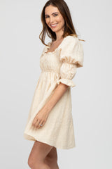 Beige Floral Eyelet 3/4 Puff Sleeve Dress