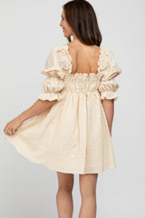 Beige Floral Eyelet 3/4 Puff Sleeve Dress