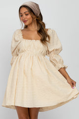 Beige Floral Eyelet 3/4 Puff Sleeve Maternity Dress